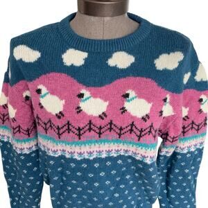 VTG 80's Woolrich Wool Sweater Women's Petite Medium Sheep Clouds Cottagecore